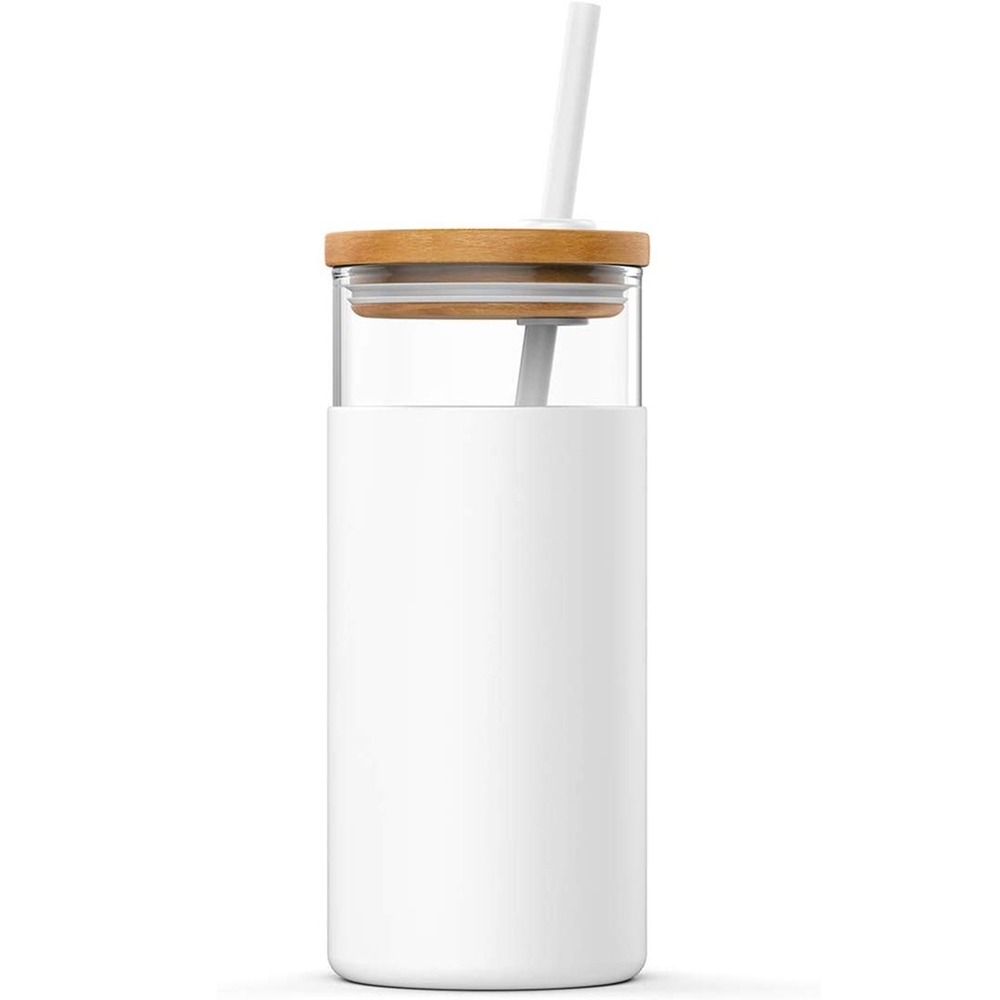 White Glass Tumbler with Bamboo Lid
